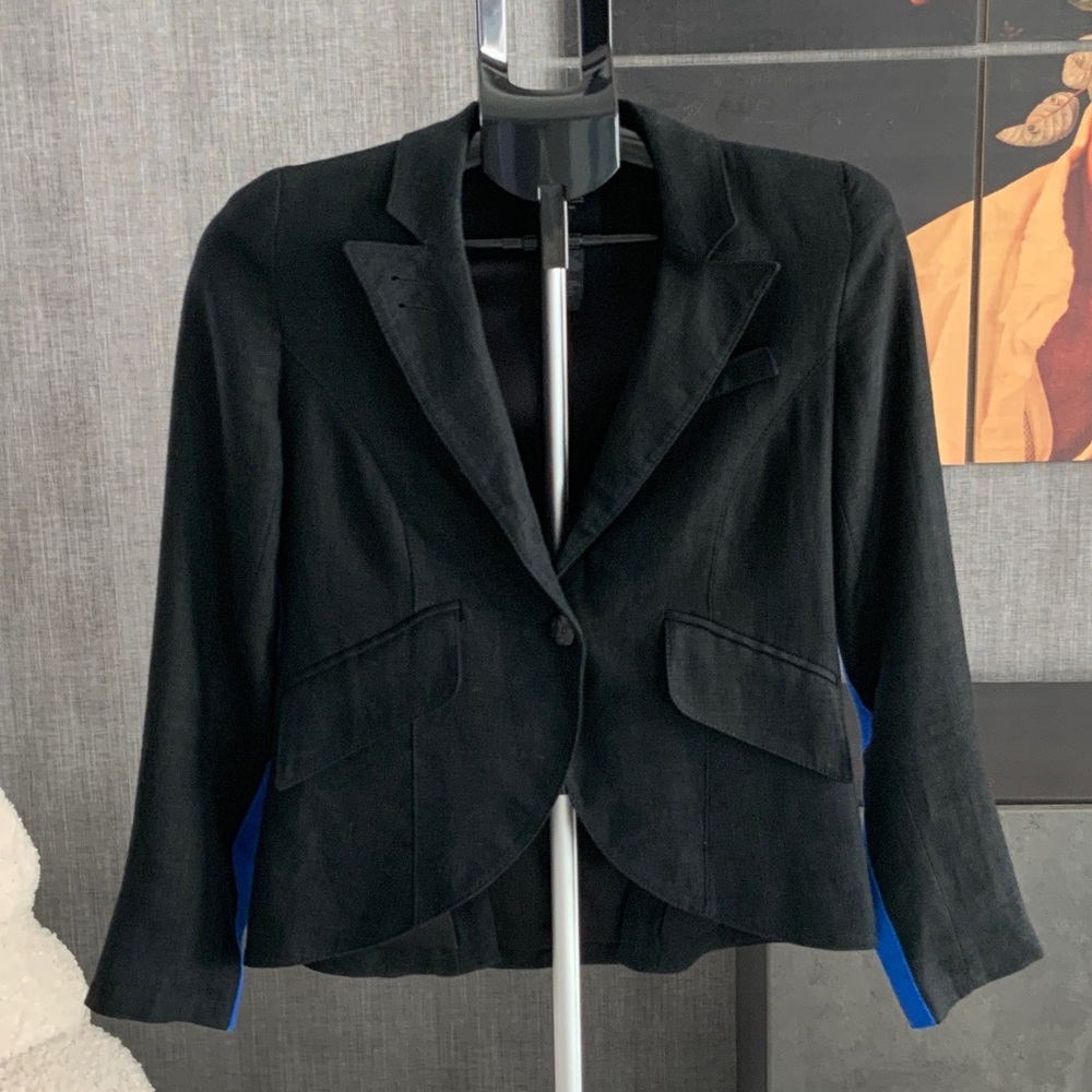 Smythe Black linen Blazer with Cobalt side ribon 6